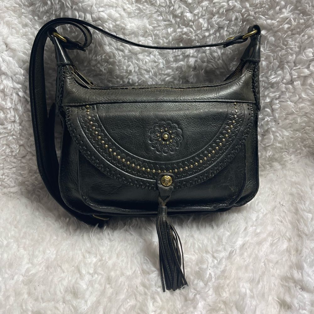 Patricia Nash Camilla double zip leather crossbody bag tassel&stitch edg…